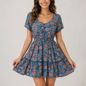 Sunday Mi Amor Mini‎ Dress Blue Floral Smocked Boho S